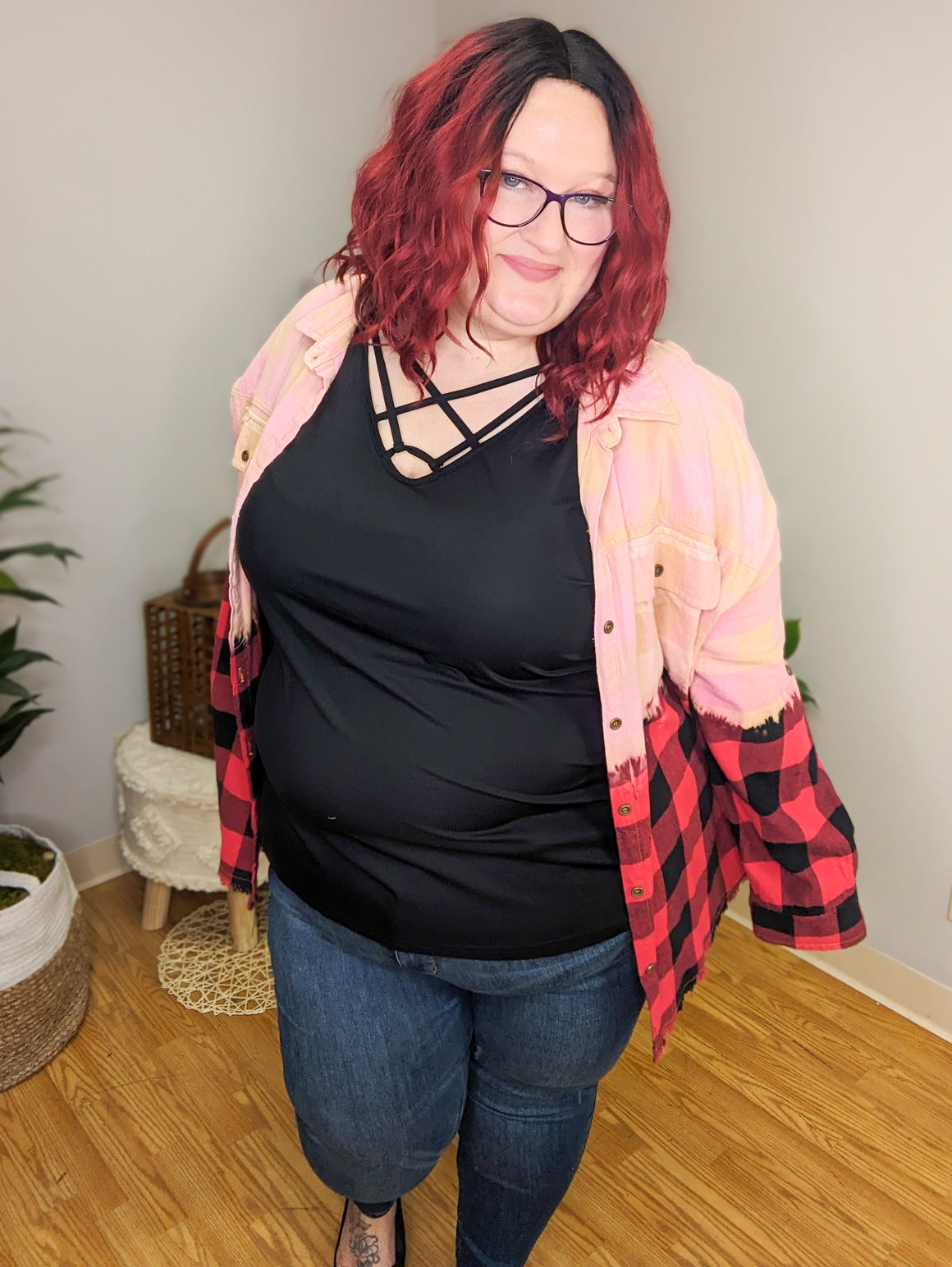 Just the Dip Fringe Bottom Plaid Top