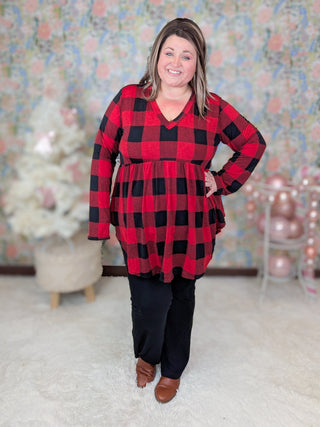 Stevie V-neck Long Sleeve Babydoll in Red Buffalo Plaid-2- Long Sleeve Tops-HEIMISH-Styled by Stacked - A Plus Size Women's Boutique in Lakeville, MN