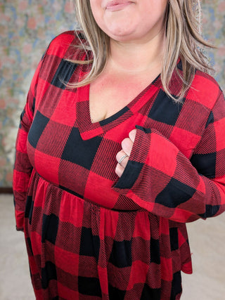 Stevie V-neck Long Sleeve Babydoll in Red Buffalo Plaid-2- Long Sleeve Tops-HEIMISH-Styled by Stacked - A Plus Size Women's Boutique in Lakeville, MN