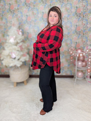 Stevie V-neck Long Sleeve Babydoll in Red Buffalo Plaid-2- Long Sleeve Tops-HEIMISH-Styled by Stacked - A Plus Size Women's Boutique in Lakeville, MN
