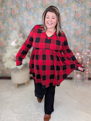 Stevie V-neck Long Sleeve Babydoll in Red Buffalo Plaid-2- Long Sleeve Tops-HEIMISH-Styled by Stacked - A Plus Size Women's Boutique in Lakeville, MN