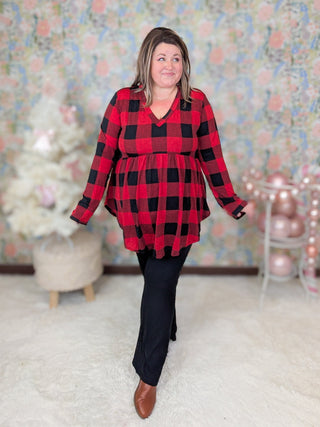 Stevie V-neck Long Sleeve Babydoll in Red Buffalo Plaid-2- Long Sleeve Tops-HEIMISH-Styled by Stacked - A Plus Size Women's Boutique in Lakeville, MN