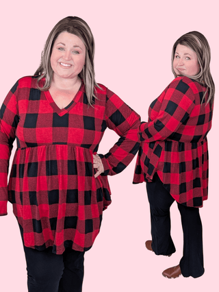 Stevie V-neck Long Sleeve Babydoll in Red Buffalo Plaid-2- Long Sleeve Tops-HEIMISH-Styled by Stacked - A Plus Size Women's Boutique in Lakeville, MN