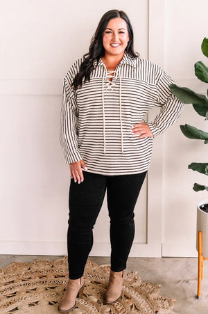 Lilly LaceUp Front Sweater in Ivory & Black Stripes