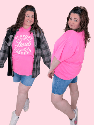 6- Graphic Tops Support Local Farmers Tee on Neon Pink plus size clothing