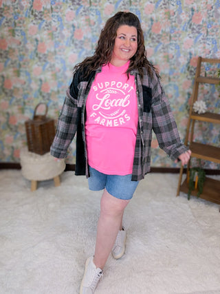 6- Graphic Tops Support Local Farmers Tee on Neon Pink plus size clothing