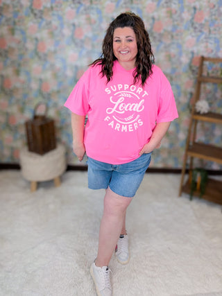 6- Graphic Tops Support Local Farmers Tee on Neon Pink plus size clothing