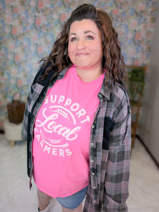 6- Graphic Tops Support Local Farmers Tee on Neon Pink plus size clothing