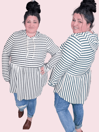 Susan Babydoll Hoodie in Textured Stripes (2 colors)-2- Long Sleeve Tops-BE STAGE-Styled by Stacked - A Plus Size Women's Boutique in Lakeville, MN