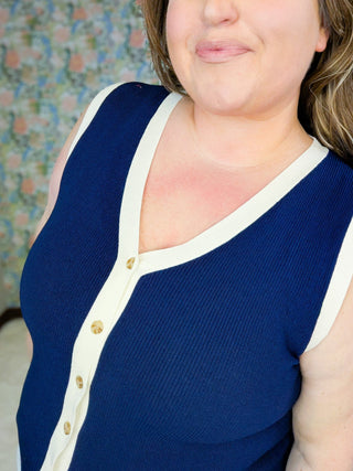 1- ShortSlv/Slvless Tops Susie Sleeveless Button Front Sweater in Navy plus size clothing