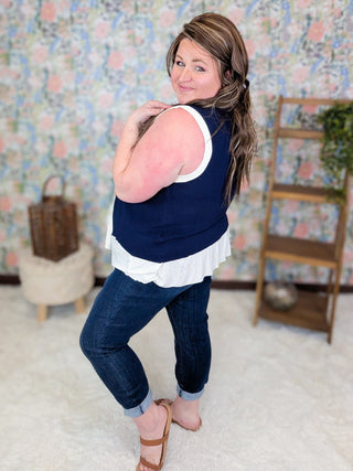 1- ShortSlv/Slvless Tops Susie Sleeveless Button Front Sweater in Navy plus size clothing