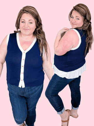 1- ShortSlv/Slvless Tops Susie Sleeveless Button Front Sweater in Navy plus size clothing