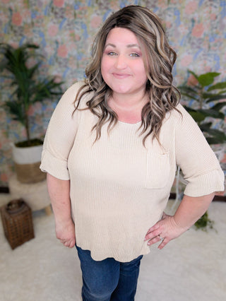 Sylvia Short Sleeve Pocket Sweater in Solids-1- ShortSlv/Slvless Tops-WHITE BIRCH-Styled by Stacked - A Plus Size Women's Boutique in Lakeville, MN