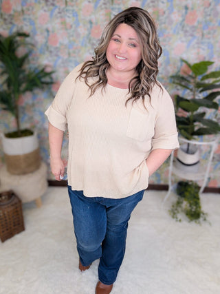 Sylvia Short Sleeve Pocket Sweater in Solids-1- ShortSlv/Slvless Tops-WHITE BIRCH-Styled by Stacked - A Plus Size Women's Boutique in Lakeville, MN