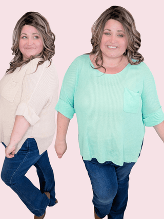 Sylvia Short Sleeve Pocket Sweater in Solids-1- ShortSlv/Slvless Tops-WHITE BIRCH-Styled by Stacked - A Plus Size Women's Boutique in Lakeville, MN