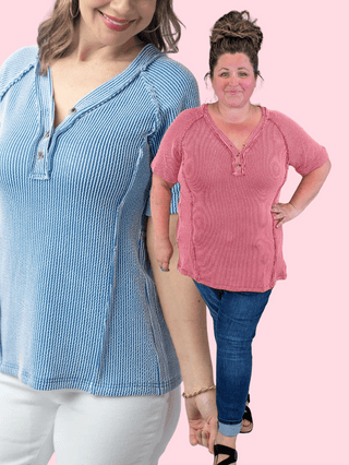 1- ShortSlv/Slvless Tops Sylvie Ribbed Short Sleeve Henley Top (2 Colors) plus size clothing