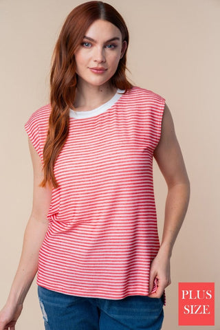 Rue Sleeveless Striped Tank w/Side Slits in Red-1- ShortSlv/Slvless Tops-WHITE BIRCH-Styled by Stacked - A Plus Size Women's Boutique in Lakeville, MN