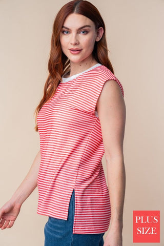 Rue Sleeveless Striped Tank w/Side Slits in Red-1- ShortSlv/Slvless Tops-WHITE BIRCH-Styled by Stacked - A Plus Size Women's Boutique in Lakeville, MN