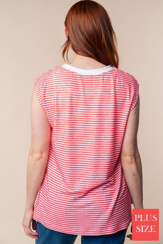 Rue Sleeveless Striped Tank w/Side Slits in Red-1- ShortSlv/Slvless Tops-WHITE BIRCH-Styled by Stacked - A Plus Size Women's Boutique in Lakeville, MN