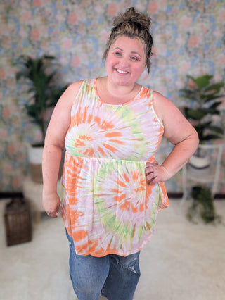 Tabitha Scoopneck Babydoll Tank in Summer Slushie-1- ShortSlv/Slvless Tops-sweet lovely by jen-Styled by Stacked - A Plus Size Women's Boutique in Lakeville, MN