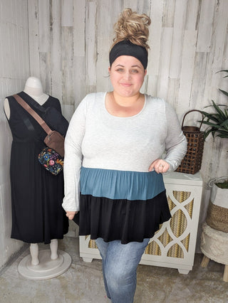 Talia Teal Blocked Shaping Top-2- Long Sleeve Tops-BE STAGE-Styled by Stacked - A Plus Size Women's Boutique in Lakeville, MN