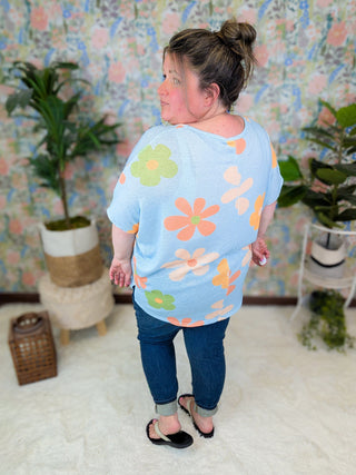 Tamara Short Sleeve Dolman in Boho Floral on Blue-1- ShortSlv/Slvless Tops-BE STAGE-Styled by Stacked - A Plus Size Women's Boutique in Lakeville, MN