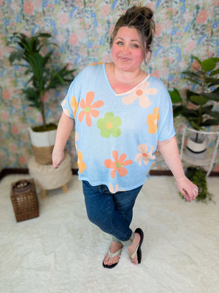 Tamara Short Sleeve Dolman in Boho Floral on Blue-1- ShortSlv/Slvless Tops-BE STAGE-Styled by Stacked - A Plus Size Women's Boutique in Lakeville, MN