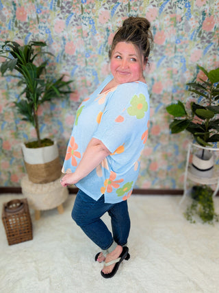 Tamara Short Sleeve Dolman in Boho Floral on Blue-1- ShortSlv/Slvless Tops-BE STAGE-Styled by Stacked - A Plus Size Women's Boutique in Lakeville, MN