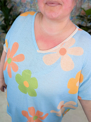 Tamara Short Sleeve Dolman in Boho Floral on Blue-1- ShortSlv/Slvless Tops-BE STAGE-Styled by Stacked - A Plus Size Women's Boutique in Lakeville, MN