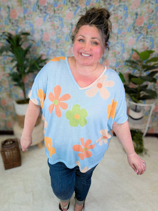 Tamara Short Sleeve Dolman in Boho Floral on Blue-1- ShortSlv/Slvless Tops-BE STAGE-Styled by Stacked - A Plus Size Women's Boutique in Lakeville, MN