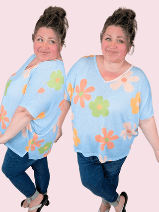 Tamara Short Sleeve Dolman in Boho Floral on Blue-1- ShortSlv/Slvless Tops-BE STAGE-Styled by Stacked - A Plus Size Women's Boutique in Lakeville, MN