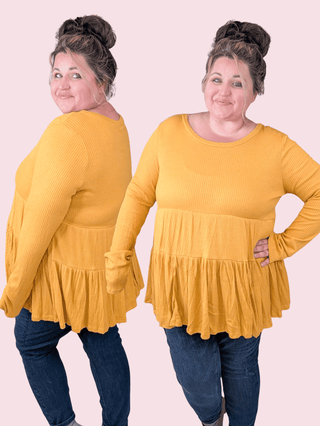 Tammi Ribbed Tiered Long Sleeve in Butterscotch-2- Long Sleeve Tops-HAPTICS-Styled by Stacked - A Plus Size Women's Boutique in Lakeville, MN
