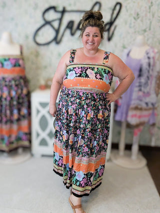 Tanya Midi Dress in Boho Floral on Black-11- Dress/Romp/Jump-WHITE BIRCH-Styled by Stacked - A Plus Size Women's Boutique in Lakeville, MN
