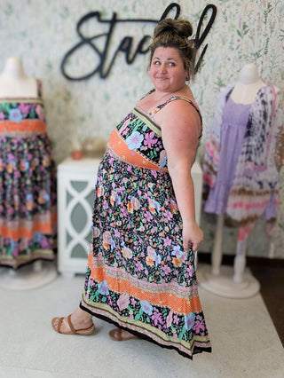 Tanya Midi Dress in Boho Floral on Black-11- Dress/Romp/Jump-WHITE BIRCH-Styled by Stacked - A Plus Size Women's Boutique in Lakeville, MN