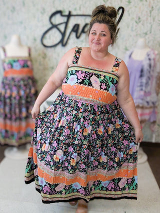 Tanya Midi Dress in Boho Floral on Black-11- Dress/Romp/Jump-WHITE BIRCH-Styled by Stacked - A Plus Size Women's Boutique in Lakeville, MN
