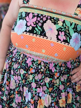 Tanya Midi Dress in Boho Floral on Black-11- Dress/Romp/Jump-WHITE BIRCH-Styled by Stacked - A Plus Size Women's Boutique in Lakeville, MN