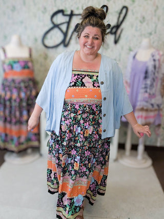 Tanya Midi Dress in Boho Floral on Black-11- Dress/Romp/Jump-WHITE BIRCH-Styled by Stacked - A Plus Size Women's Boutique in Lakeville, MN
