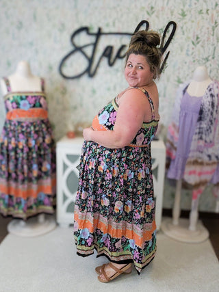 Tanya Midi Dress in Boho Floral on Black-11- Dress/Romp/Jump-WHITE BIRCH-Styled by Stacked - A Plus Size Women's Boutique in Lakeville, MN