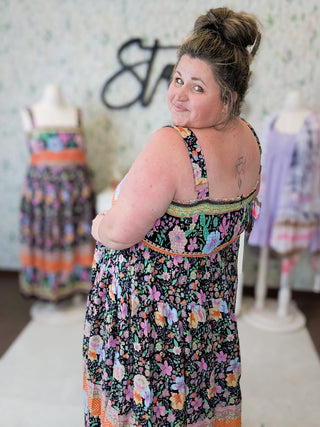 Tanya Midi Dress in Boho Floral on Black-11- Dress/Romp/Jump-WHITE BIRCH-Styled by Stacked - A Plus Size Women's Boutique in Lakeville, MN
