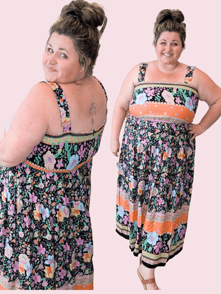 Tanya Midi Dress in Boho Floral on Black-11- Dress/Romp/Jump-WHITE BIRCH-Styled by Stacked - A Plus Size Women's Boutique in Lakeville, MN