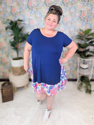 Taren Floral Blocked Tshirt Dress in Navy-11- Dress/Romp/Jump-HEIMISH-Styled by Stacked - A Plus Size Women's Boutique in Lakeville, MN