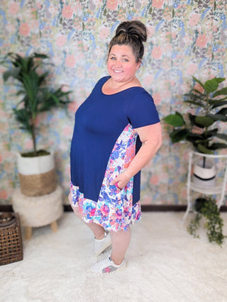 Taren Floral Blocked Tshirt Dress in Navy-11- Dress/Romp/Jump-HEIMISH-Styled by Stacked - A Plus Size Women's Boutique in Lakeville, MN