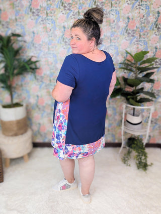 Taren Floral Blocked Tshirt Dress in Navy-11- Dress/Romp/Jump-HEIMISH-Styled by Stacked - A Plus Size Women's Boutique in Lakeville, MN