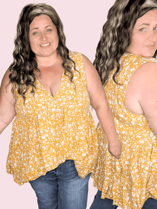 Tawnie Vneck Babydoll Tank in Gold + Ivory Floral-1- ShortSlv/Slvless Tops-KORI-Styled by Stacked - A Plus Size Women's Boutique in Lakeville, MN