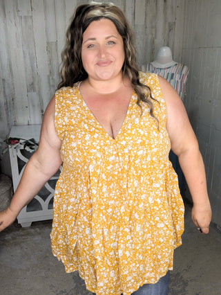Tawnie Vneck Babydoll Tank in Gold + Ivory Floral-1- ShortSlv/Slvless Tops-KORI-Styled by Stacked - A Plus Size Women's Boutique in Lakeville, MN