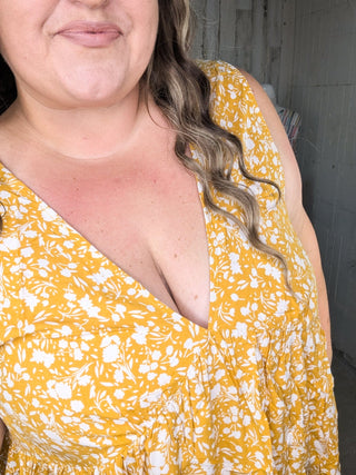 Tawnie Vneck Babydoll Tank in Gold + Ivory Floral-1- ShortSlv/Slvless Tops-KORI-Styled by Stacked - A Plus Size Women's Boutique in Lakeville, MN