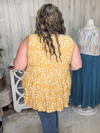 Tawnie Vneck Babydoll Tank in Gold + Ivory Floral-1- ShortSlv/Slvless Tops-KORI-Styled by Stacked - A Plus Size Women's Boutique in Lakeville, MN