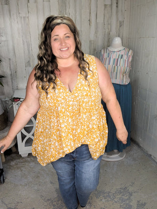 Tawnie Vneck Babydoll Tank in Gold + Ivory Floral-1- ShortSlv/Slvless Tops-KORI-Styled by Stacked - A Plus Size Women's Boutique in Lakeville, MN