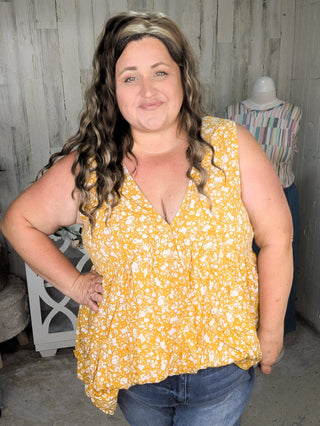 Tawnie Vneck Babydoll Tank in Gold + Ivory Floral-1- ShortSlv/Slvless Tops-KORI-Styled by Stacked - A Plus Size Women's Boutique in Lakeville, MN