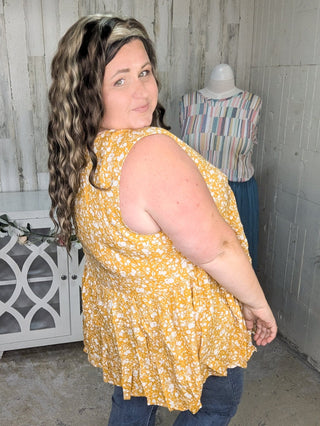 Tawnie Vneck Babydoll Tank in Gold + Ivory Floral-1- ShortSlv/Slvless Tops-KORI-Styled by Stacked - A Plus Size Women's Boutique in Lakeville, MN
